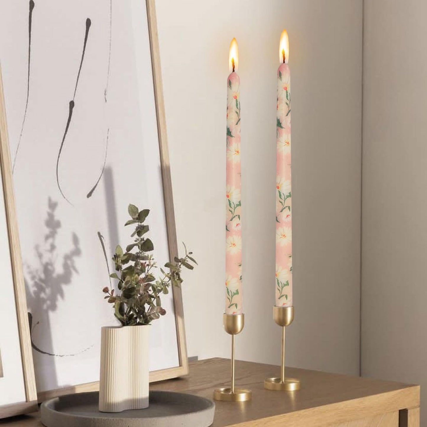 NJAO HOO Flower Candlesticks 10 in Straight Taper Candles Pink Hand Printing Daisy Candlesticks Floral Tall Tapered Candle for Home Garden Decor Simple Modern, 2Pcs