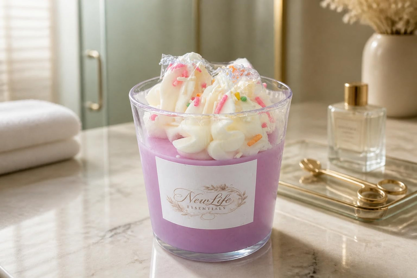 NewLife Essentials Scented Candle, Lavender, Handmade, Whipped Cream Topping with Sprinkles, Glass Jar, Premium