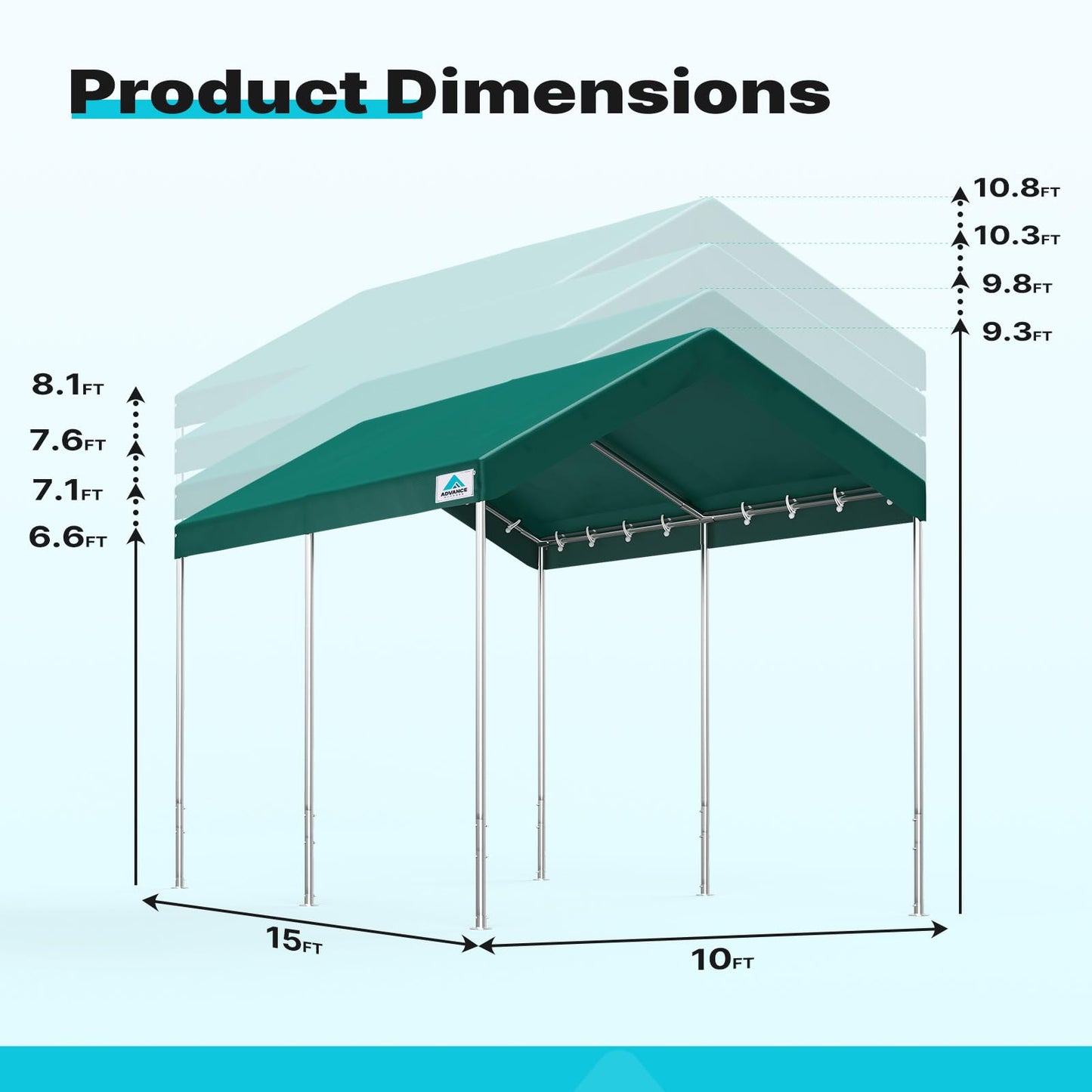 ADVANCE OUTDOOR 10x15 ft Heavy Duty Carport Potable Car Canopy Garage Party Tent Boat Shelter, Adjustable Height from 9.5 ft to 11 ft, Green