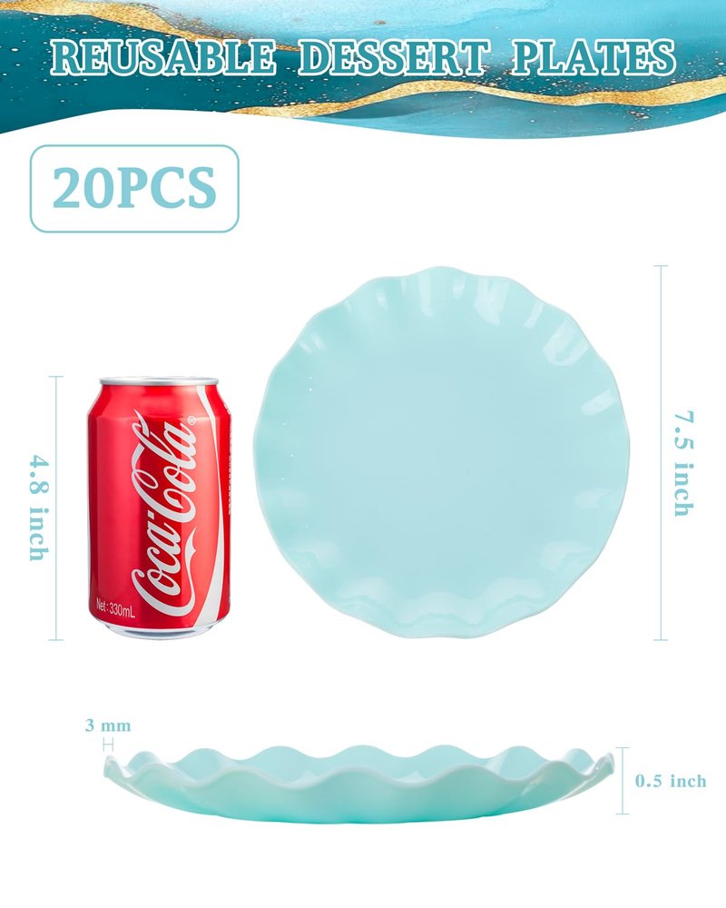 LIYH 20 Pcs 7.5 Inch Ice Blue Plastic Scalloped Plates Reusable - Unbreakable Dessert Plastic Cake Plates Dishwasher Safe Perfect for Party Birthday
