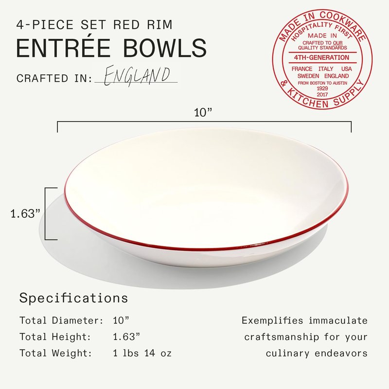 Made In Cookware - Set of 4 - Entrée Bowls - White With Red Rim - Porcelain - Crafted in England