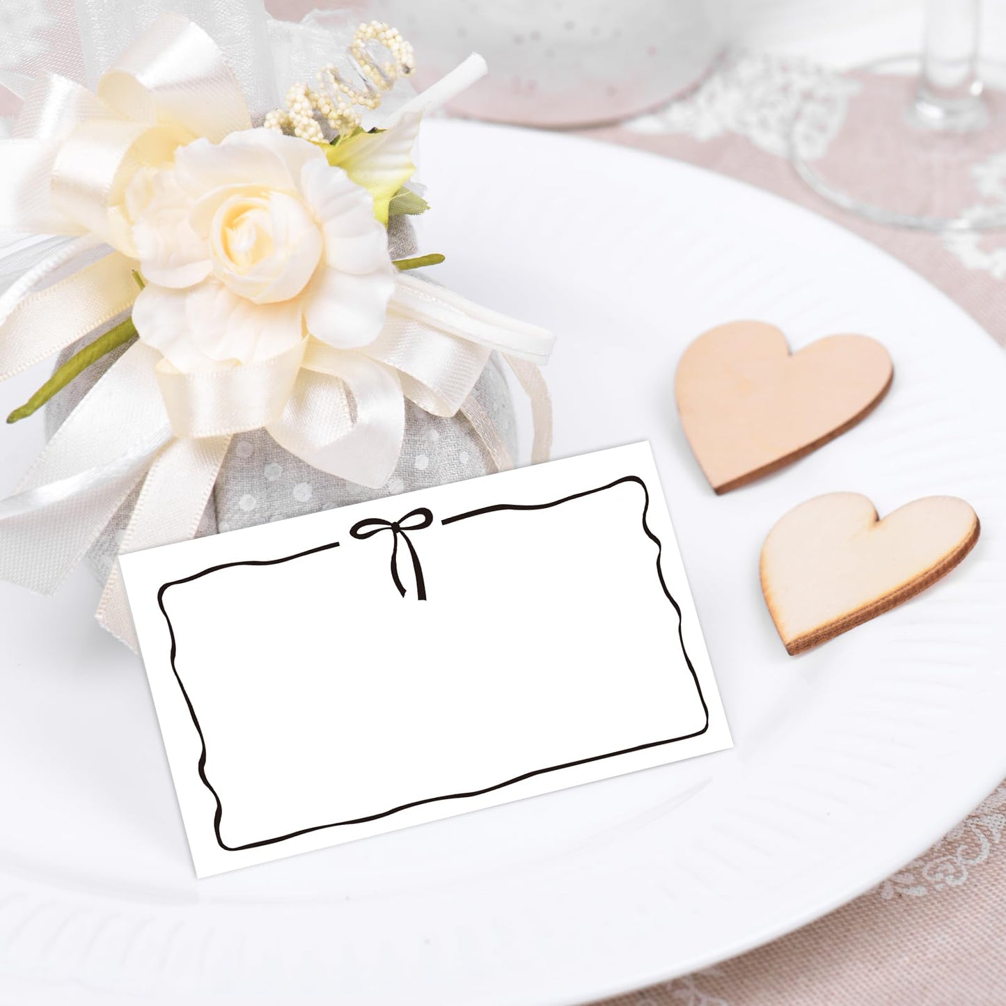 Whaline 100Pcs Bow Place Cards 2 x 3.5 Inch Cute Black Bow Knot Tent Name Cards Blank Seat Assignment Labels for Coquette Birthday Party Table Setting Supplies