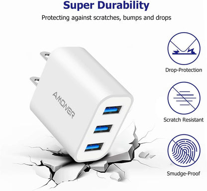 USB Wall Charger, Amoner 2Pack 15W 3-Port USB Charger Block iPhone Cube Charging Blocks for iPhone 14/13/12/11/X/XR/X/8/7/6, Galaxy, Android Phones and More