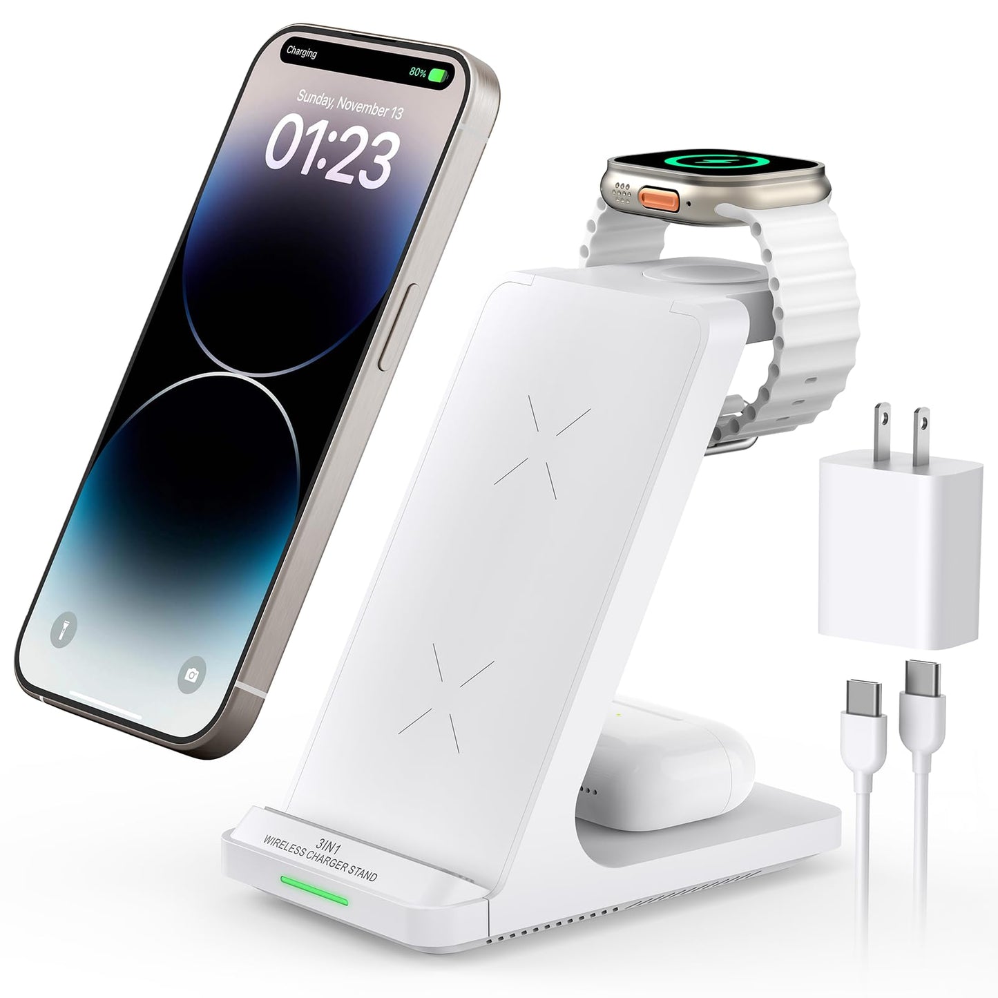Wireless Charging Station, 3 in 1 Fast Wireless Charger Stand for Multiple Devices Apple Watch Ultra Series 10 9 8 7 6 SE 5 4 3 2, iPhone 16 15 14 13 12 11 Pro Max/Plus/Mini/X/XS/Max/XR/SE, Airpods