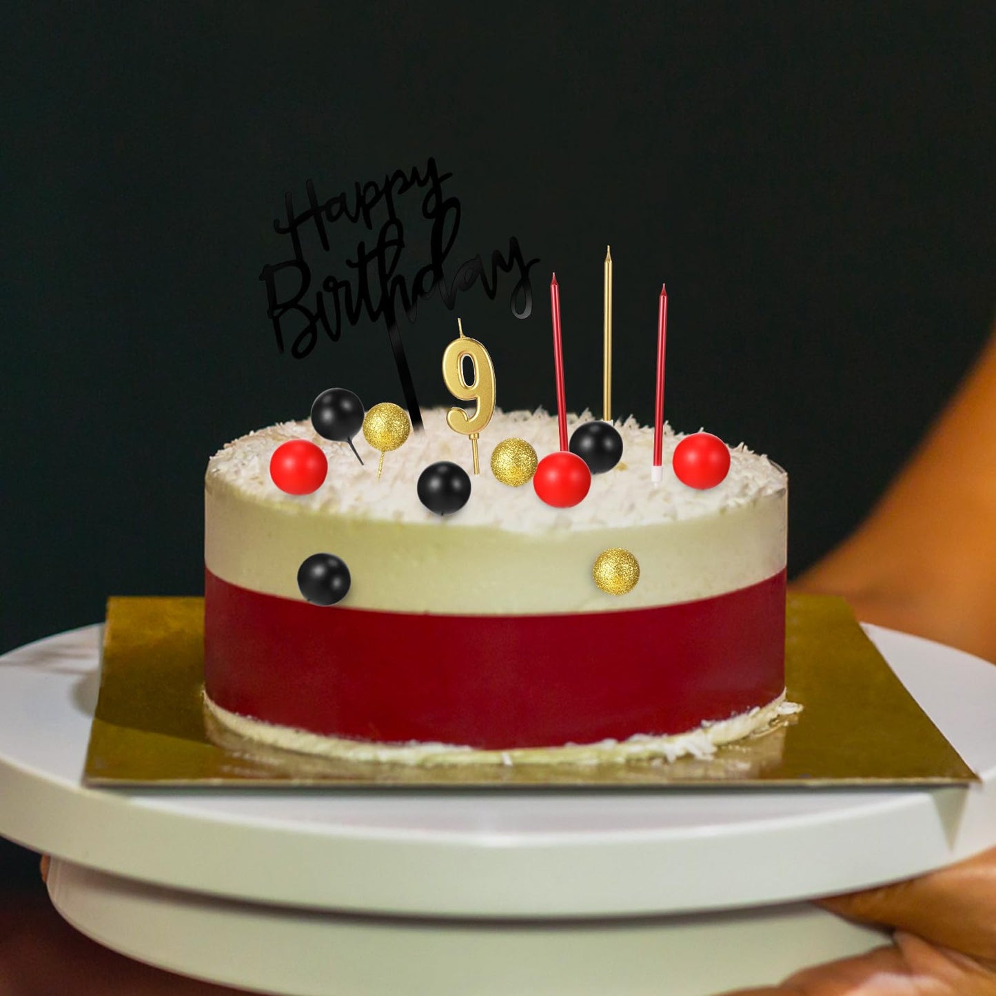 Yerliker 34 Pcs Happy Birthday Cake Toppers Decorations Birthday Candles DIY Cake Decor for Men Women Wedding Anniversary(Black Red Gold)