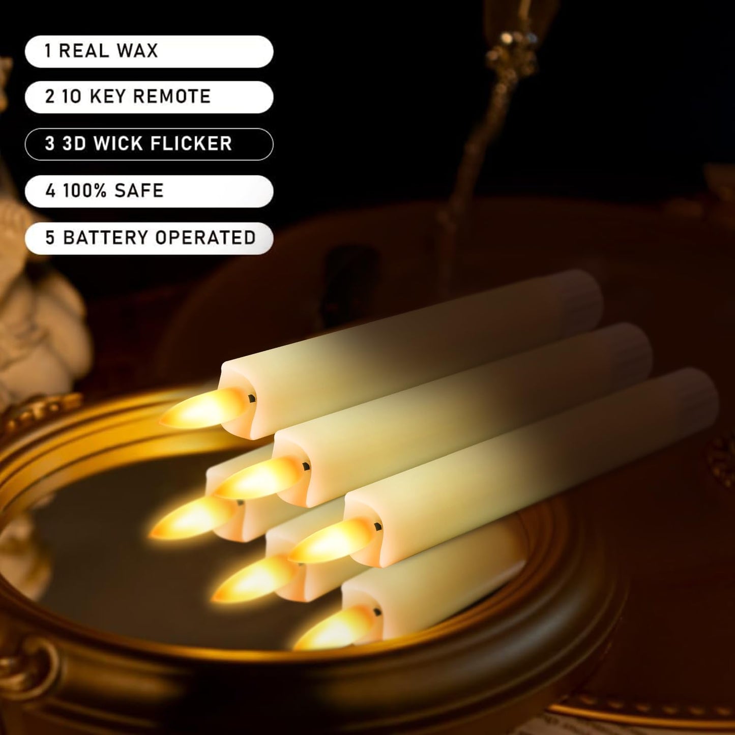 KSWING Upgraded Real Wax Short LED Flameless Taper Candles with Remote, 6 PCS Ivory Candlesticks Battery Operated 3D Flickering - 6" Realistic Fake Candle Sticks for Home/Wedding/Fireplace Xmas Decor