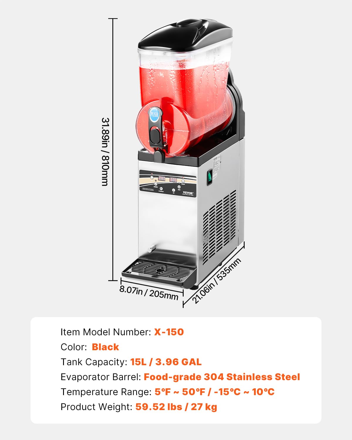 VEVOR Slushie Machine, 15L Single Tank Commercial Margarita Machine, 60 Cups Stainless Steel Margarita Smoothie Frozen Drink Machine, Slushy Machine for Home Party Restaurants Cafe Bars
