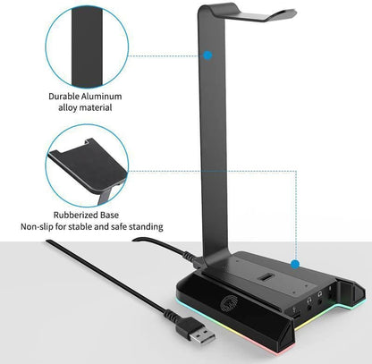 EKSA RGB Headset Stand, Headphone Stands with 7.1 Surround Sound & USB/3.5mm Port, Desk Gaming Headsets Holder with Aluminum Alloy Rod & Non-Slip Rubber Pad, Suitable for Most Gamer Desktop Earphones