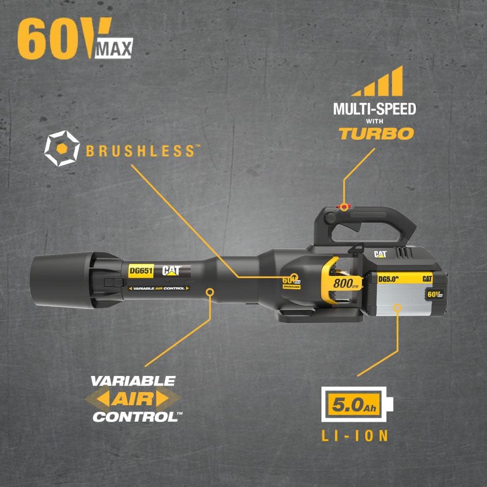 Cat DG651 60V 800 CFM 170 MPH High-Powered Leaf Blower Cordless, Adjustable Speed Blowers for Lawn Care, Lightweight Cordless Leaf Blower with Variable Air Control – Battery & Charger Included