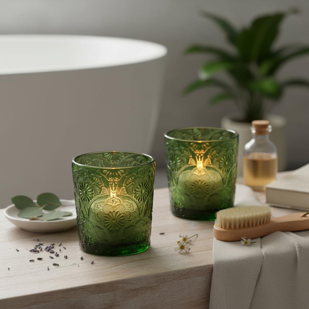 12 Pack Mandala Embossed Glass Candle Holders – Votive Tealight Holders with Patent Design, Decorative Embossed Glass Cups for Wedding Centerpieces, Parties, and Home Décor (Moss Green)
