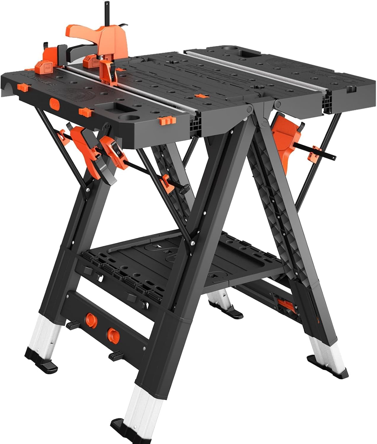 Anyyion Work Bench,2-in-1 Folding Work Table and Sawhorse, 31" W x 25" D x 28”-31" H,Easy Setup Portable Workbench, 4pcs Clamps, 2pcs Bench Dogs