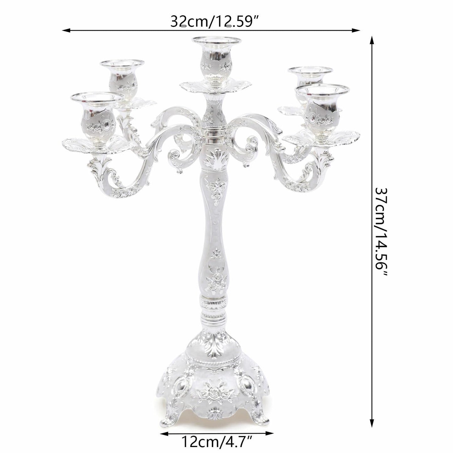 Headery Elegant 14.56”H Mental Tall Candelabra,5 Arm Candle Holder Candlestick Holder, Taper Candle Holder with Three-Dimensional Carving for Wedding Dinner Party Chrismas Ceremony Home Decor(Silver)