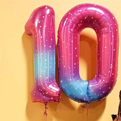 40 In Rianbow Large Numbers Balloons 0-9, Self Inflating Gradient Blue Pink Foil Number 0 Helium Balloons for Girls, Starry Digit 0 Balloons for Women Birthday Party Anniversary Supplies Decorations