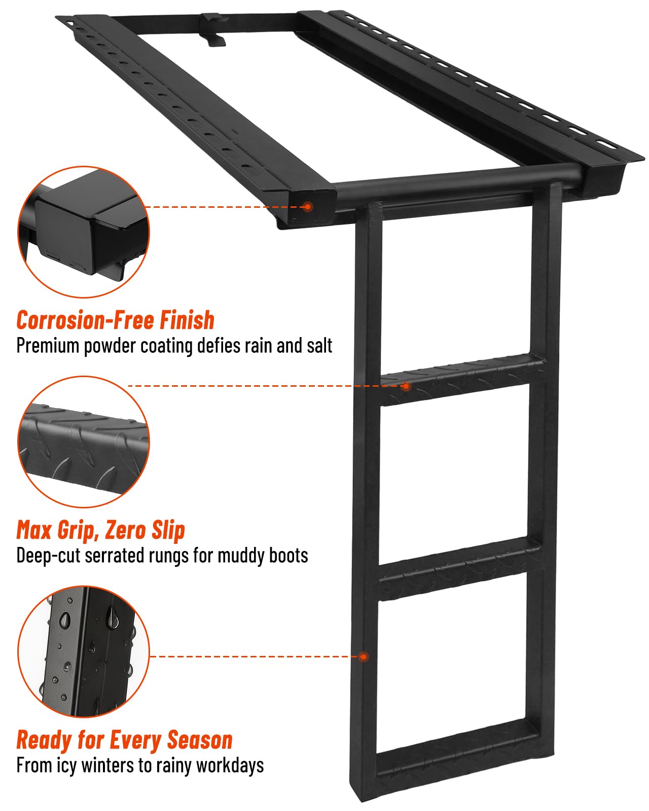 Turnirace 3-Rung Retractable Truck Bed Ladder - Heavy Duty Steel Truck Bed Step for Flatbeds, Dump Trucks & Trailers - Black Powder Coated, 32.5-Inch Extension, Bolt/Weld-On