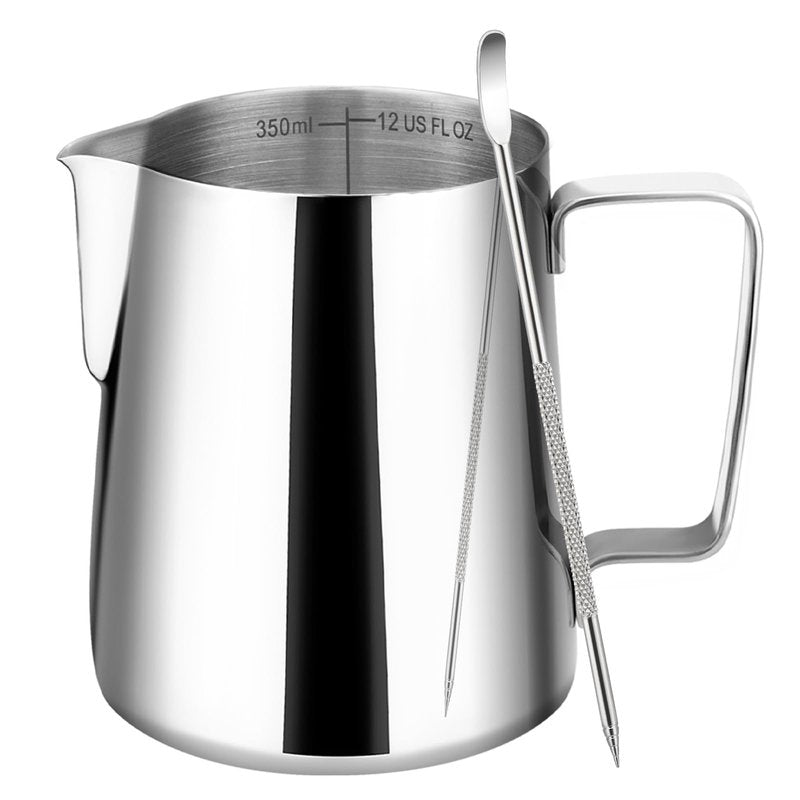 Amrules Milk Frothing Pitcher, 12oz Milk Frother Cup with Clear Scale, 304 Stainless Steel Cappuccino Espresso Machine Accessories for Barista Coffee Bar with Latte Art Pen, Silver