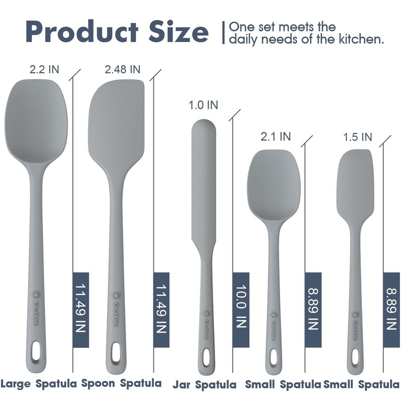 ChefAide 5 Pieces Silicone Spatula Set, Food Grade Rubber Spatula, Upgrade Strong Handle with Ergonomic Grip, Heat Resistant Up to 600°F for Nonstick Cookware, Cooking