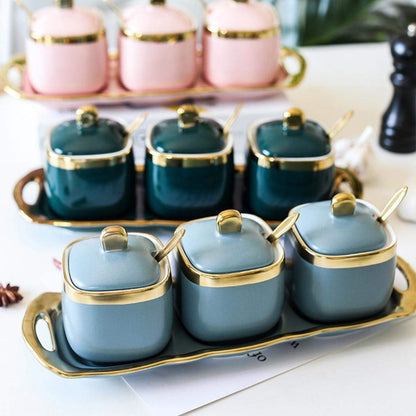 Set of 3 Porcelain Condiment Jar Spice Container with Lids, Ceramic Sugar Bowls Condiment Pots Spice Jars Seasoning Box Set, Best Spice jar for Your Home, Kitchen, Counter (White suit)