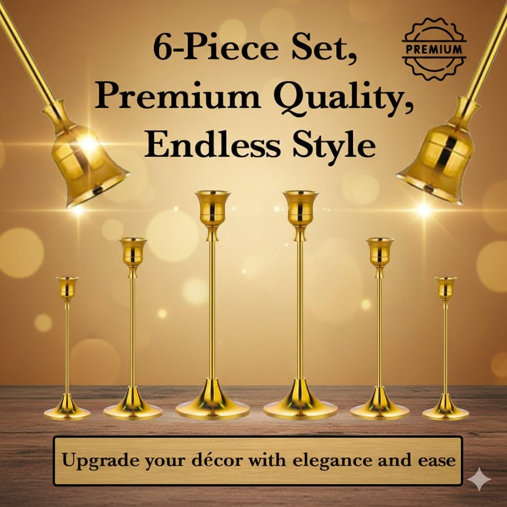 Gold Candlestick Holders Set of 6 – Decorative Taper Candle Holders for Home Decor, Weddings, Parties – Metal Candle Stands Brushed Finish – Easy Assembly – Fits Standard & LED Candles - Christmas