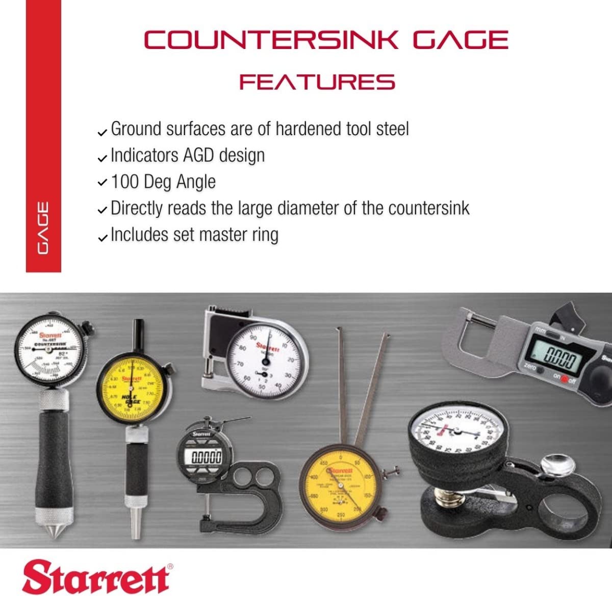 Starrett Inch Reading Dial Indicator Countersink Gage - for 100 Degree Countersinks - .160-.360" Range, .002" Graduation - 689-2Z