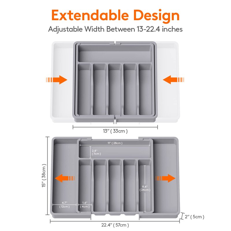 Lifewit Silverware Drawer Organizer, Expandable Utensil Tray for Kitchen, BPA Free Flatware and Cutlery Holder, Adjustable Plastic Storage for Spoons Forks Knives, 13-22 x 15", Grey