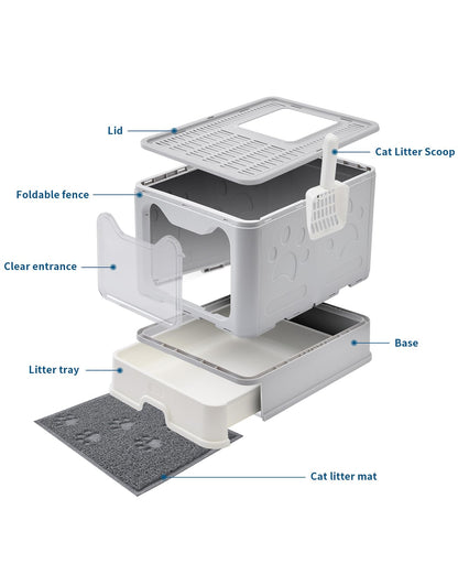 Medario Cat Litter Box with Litter Mat and Scoop, Large Foldable Litter Box with Lid, Front Entry Top Exit Kitty Box, Odor Control, Easy to Clean (Grey)