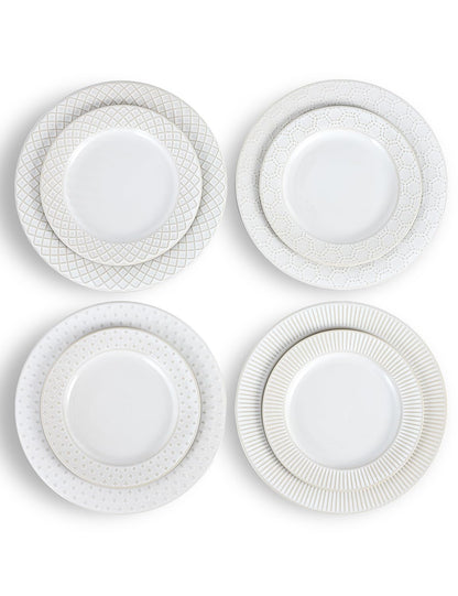Pyrilo 10.4-Inch Embossed Ceramic Plates Set of 4 - Arctic White Dinner Plates for Kitchen Dining Microwave Dishwasher Safe Scratch Resistant Plate Sets Housewarming Wedding Gift