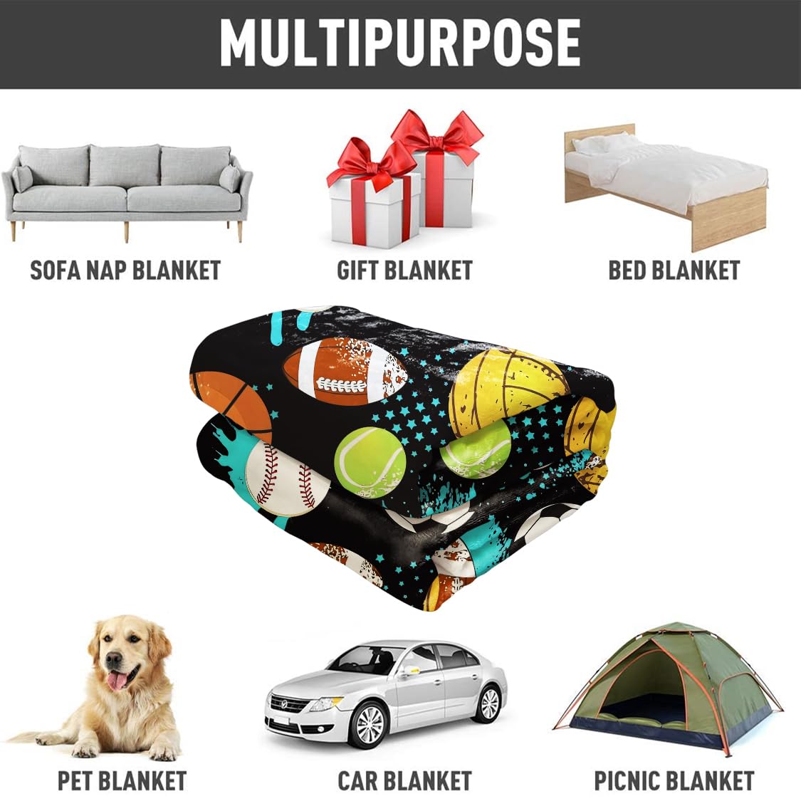 YISUMEI Sports Balls Fleece Blanket Plush and Warm Football Basketball Baseball Throw for Sport Fans Kids Adults Gifts 50"x60"