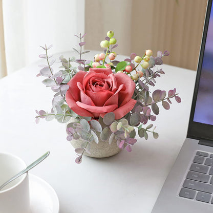 Rosscer Artificial Flowers Kit with Pot, Combination of Fake Silk Pink Roses and Greenery,Small Plant Potted Decor for Offices,Bookshelf,Bedroom, Living Room,Party,Wedding Decorations
