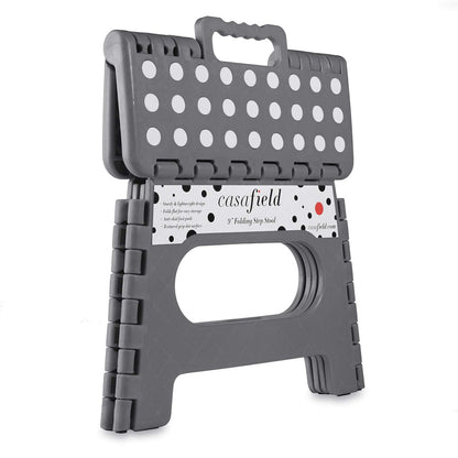 Casafield 9" Folding Step Stool with Handle, Gray - Portable Collapsible Small Plastic Foot Stool for Kids and Adults - Use in The Kitchen, Bathroom and Bedroom