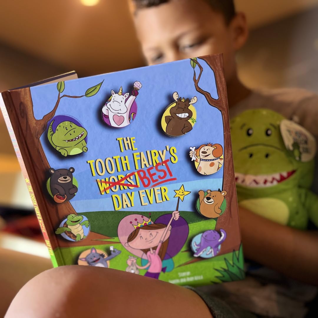 Rebel Dinosaur Tooth Fairy Pillow and Book Bundle | 8" Plush with Pocket for Lost Teeth & Hardcover Storybook w/Tracker, Q&A for Boys Girls Children of All Ages