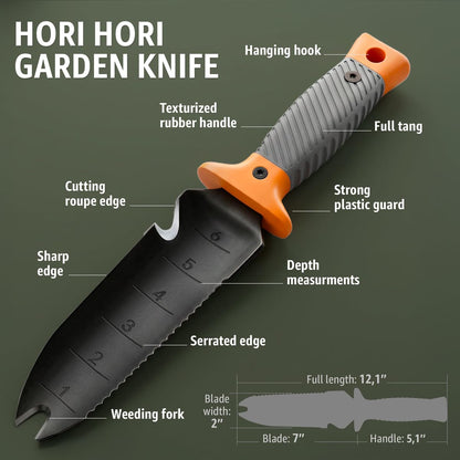 Hori Hori Garden Knife 7" with Sheath – Heavy Duty Stainless Steel Multi-Purpose Tool for Weeding, Digging & Planting, Serrated & Straight Full-Tang Blade with Weeding Fork, Safety Non-Slip Handle