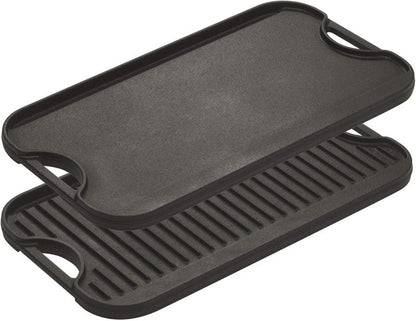 Lodge Pro-Grid Reversible Grill/Griddle - Dual-Sided Cast Iron Griddle - Double Burner Grill - Even Heat Distribution - PFAS-Free Non-Toxic Cookware - 20 Inches x 10.5 Inches
