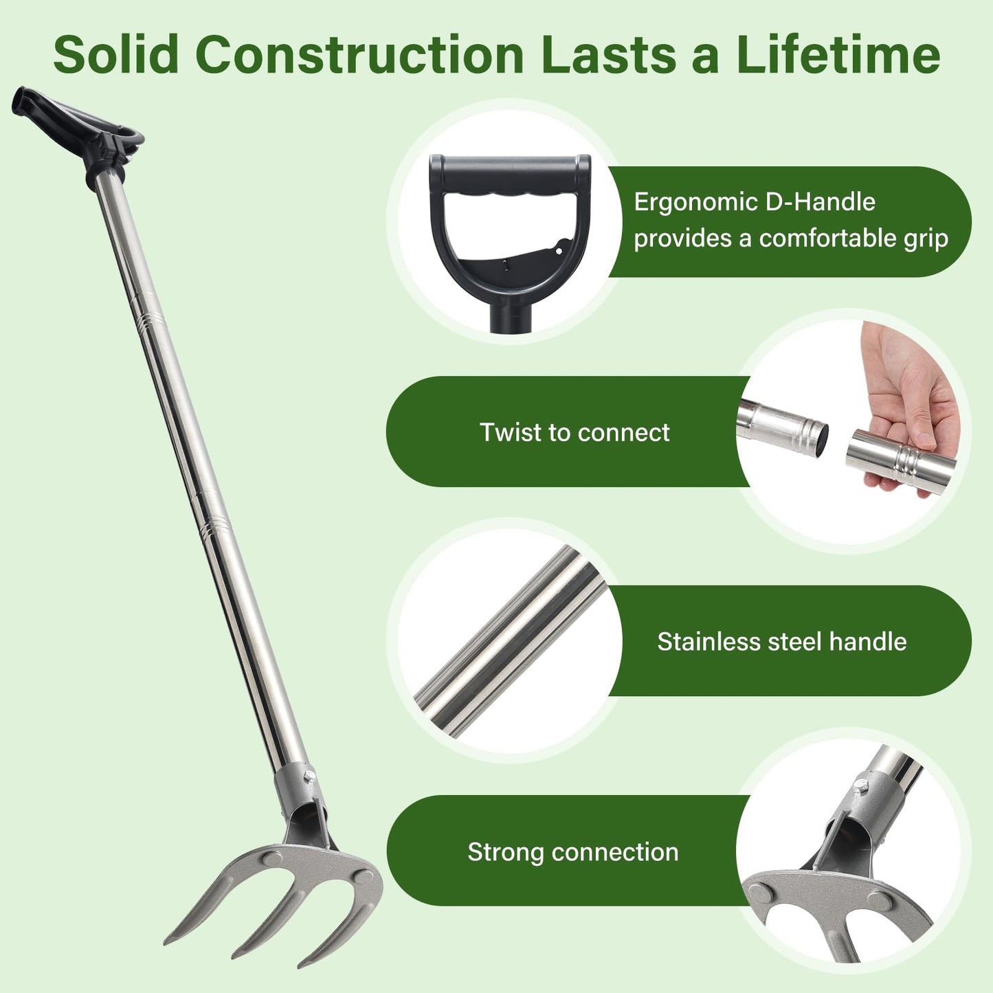 Hand Rake Garden Tool - 57" Long Handle Soil Tiller Cultivator Weeding Rake, 3-Tine Heavy Duty Carbon Steel with D-Grip for Effortless Weeds Digging, Soil Loosening, Planting
