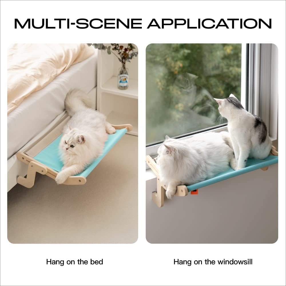 MEWOOFUN Cat Window Perch Lounge Mount Hammock Window Seat Bed Shelves for Indoor Cats No Drilling No Suction Cup (Blue/Grey)