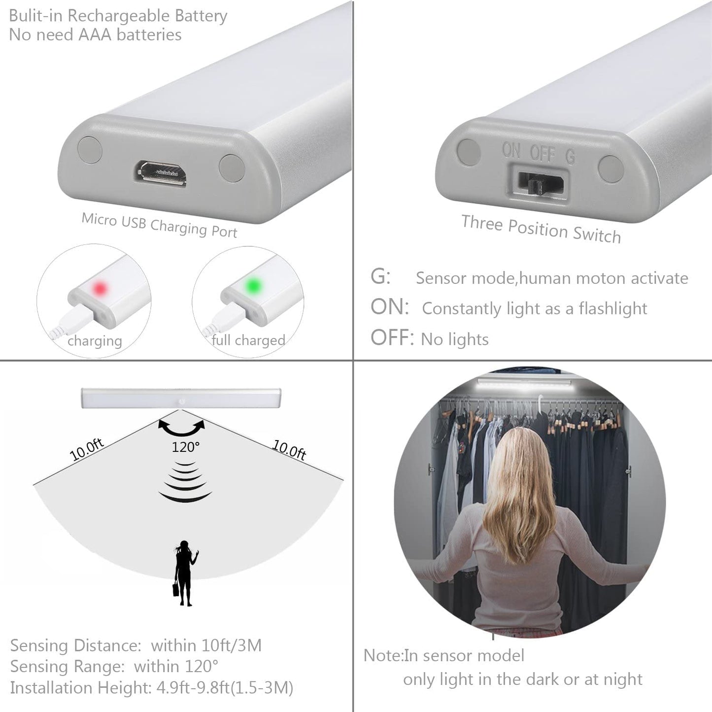 Moston 10 LED Magnetic Motion Sensor Wardrobe Closet Lights,Auto On/Off Under Cupboard Cabinet Lighting,Rechargeable Battery Powered Sensing Night Light,Stick-on Anywhere (Silver Aluminium,2 Pack)
