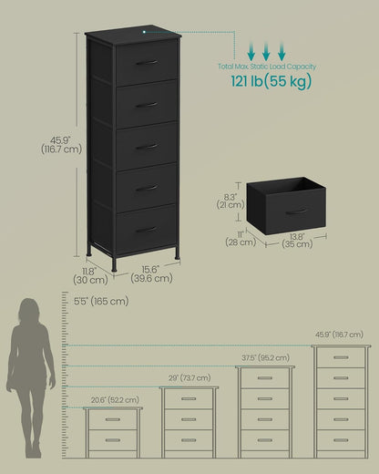 SONGMICS Dresser - Stylish Chest of Drawers with 5 Non-Woven Fabric Bins | Ink Black & Ebony Black