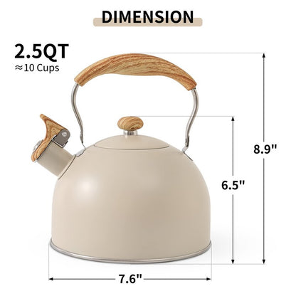 LONFFERY Tea Kettle for Stove Top, 2.5 Quart Whistling Tea Kettle, with Food Grade Stainless Steel and Wood Pattern Folding Handle, Creamy White