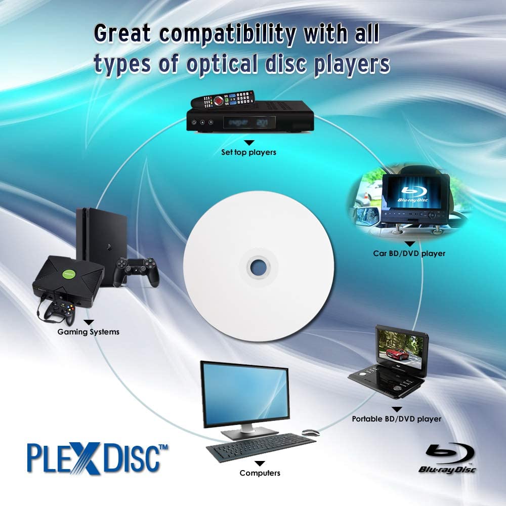 PlexDisc 633-214 25 GB 6X Blu-ray White Inkjet Printable Single Layer Recordable BD-R, 50pk Cake Box, 50 Discs