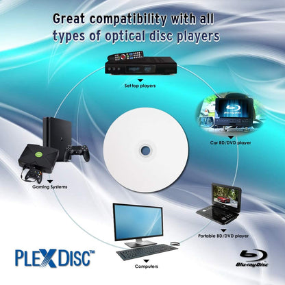 PlexDisc 633-214 25 GB 6X Blu-ray White Inkjet Printable Single Layer Recordable BD-R, 50pk Cake Box, 50 Discs