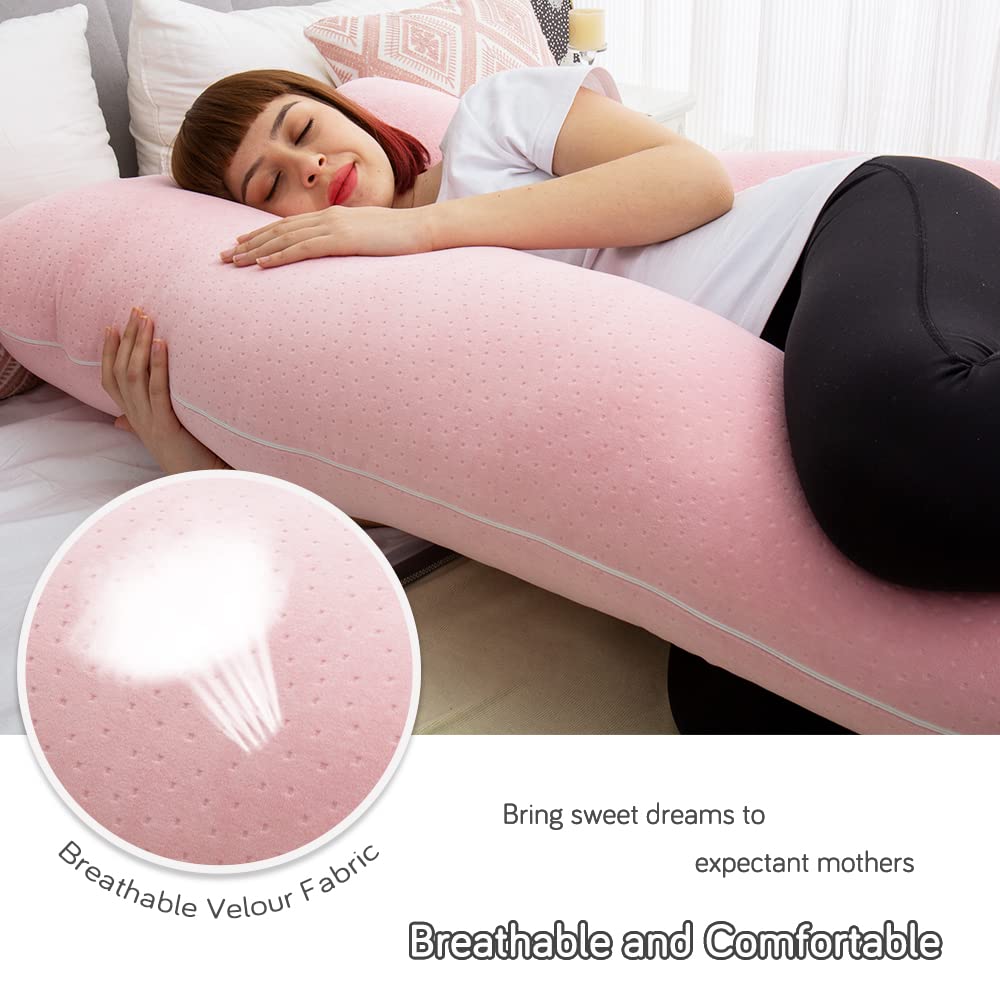 AMCATON 60 Inch Pregnancy Pillows for Sleeping, Extra Large U Shaped Body Pillow, Pregnancy Pillow, Maternity Pillow for Pregnant Women with Velour Cover (Pink)
