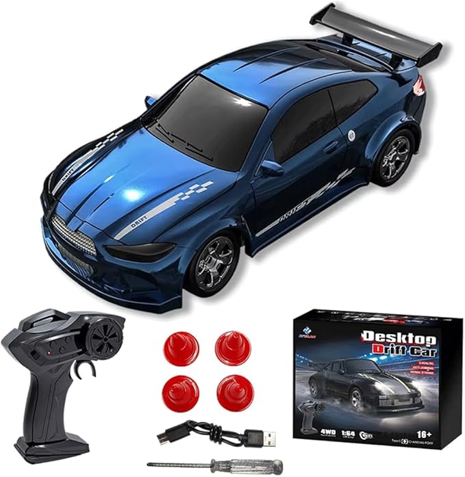 1/64 Scale Mini RC Drift Car 2.4Ghz High Speed 4WD Full-Scale Throttle Drift Racing Sport Remote Control Car Desktop Gift for Adults Enthusiasts -Blue