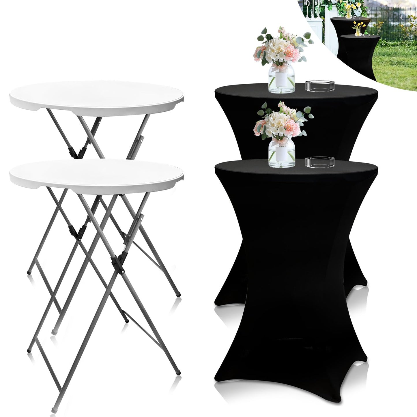 THESEATOP 2Sets 32in Hightop Folding Cocktail Tables+Covers-Spandex Stretch Folding Tall Bar Table Covers, Detachable Legs Bar Height Folding Table Outdoor Indoor Use (Black/2 Tables+2 Covers)