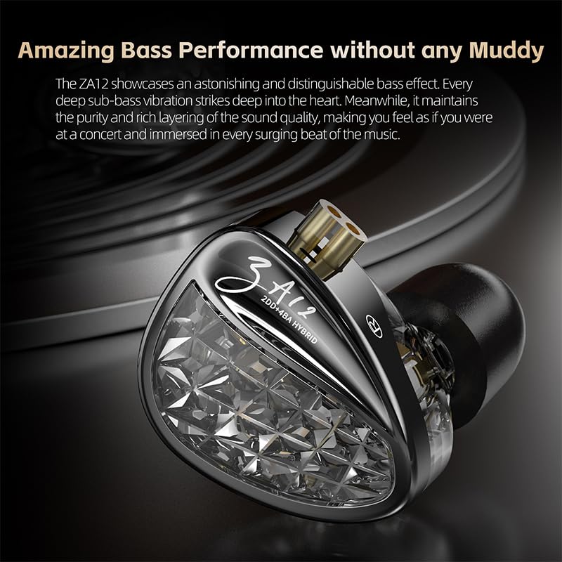 KZ ZA12 in Ear Monitor, 2DD+4BA Hybrid Wired Earbuds, KZ in Ear Monitor, Gaming Earbuds,Silver-Plated IEM Cable for Audiophile (No Microphone, Matte Black)