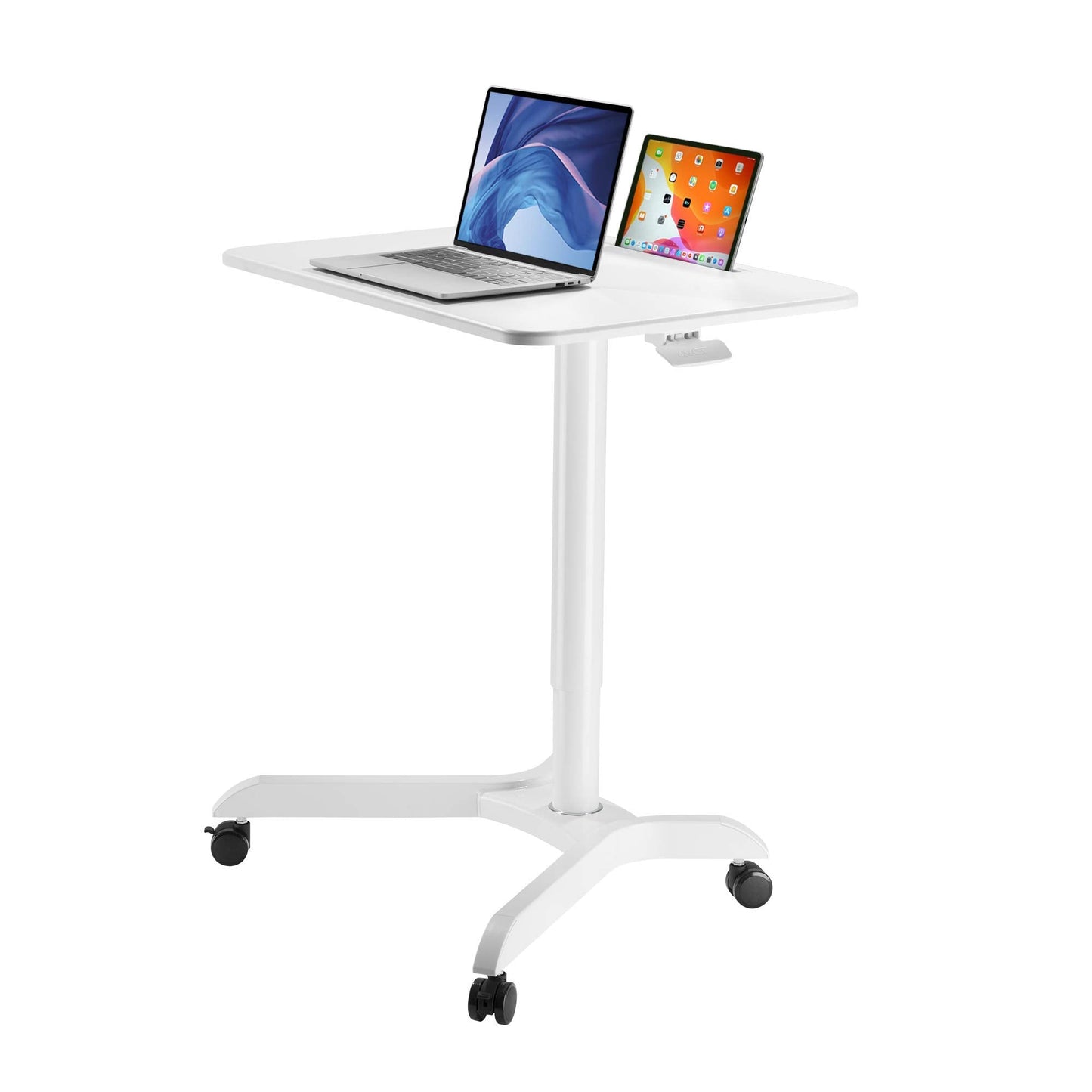 AVLT 44-inch Ambidextrous Pneumatic Laptop Standing Desk Cart (3 ft 8 in), Mobile Rolling Desk with Adjustable Height, Folding Computer & Projector Cart, White Cart with Brakes