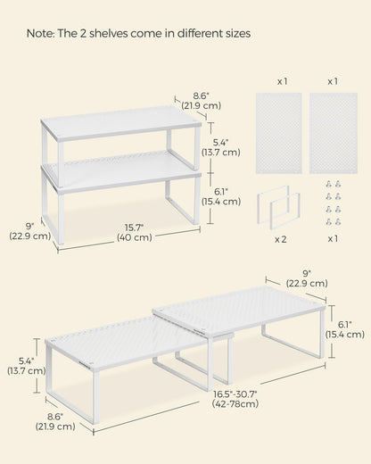 SONGMICS Spice Racks, Set of 2 Metal Cabinet Shelf Organizers, Countertop Organizers, Shelf Risers, Stackable, Expandable, Silver UKCS01SV