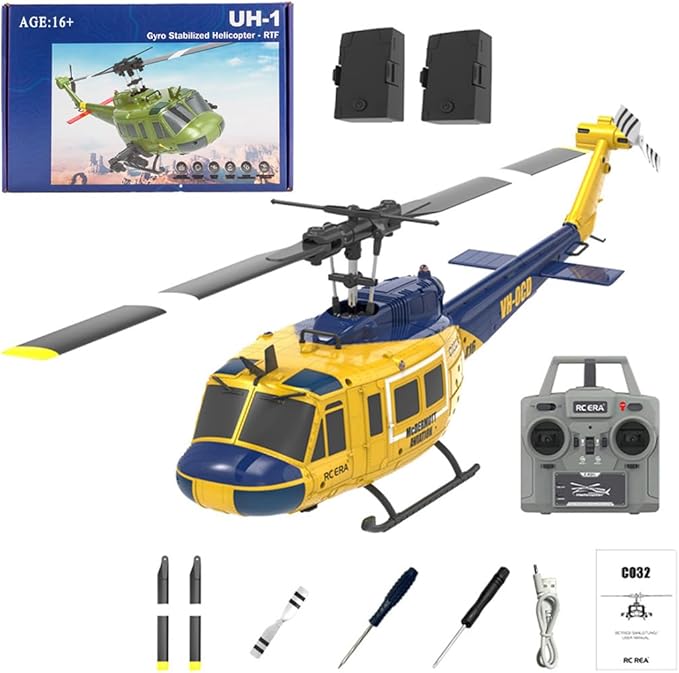 C032 UH-1 Huey RC Helicopter for Adults 1/48 Scale 2.4G 6CH Flybarless Remote Control Military Helicopter 3D Stunt Flight &amp High-Precision RC Airplane for Beginners (Yellow-Blue(2 Batteries))