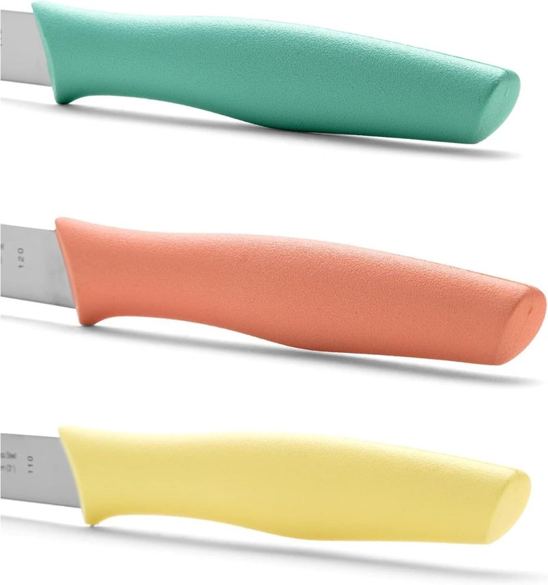 Arcos Paring Knife Set of 3 Pieces 4 Inch Stainless Steel. Colorful Kitchen Knives for Peeling Fruits and Vegetables. Ergonomic Polypropylene Handle. Series Nova. Color Orange, Yellow and Blue.