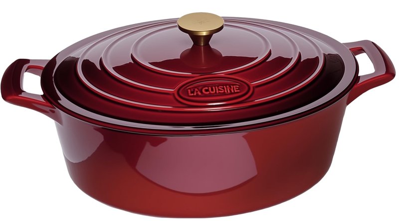 La Cuisine Enameled Cast Iron Oval Dutch Oven Casserole Dish Pot with Lid 5 QT Internal Matt Black Enamel Coating, Cranberry, Gold-Plated Stainless Steel Lid Handle, Oven Safe