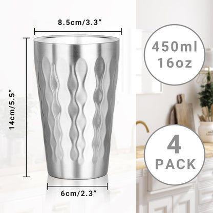 Offiper Stainless Steel Double Wall Cups, 16 oz Insulated Tumbler, 4 Pack Unbreakable Stackable Water Tumblers Insulated Metal Cup Premium Drinking Glasses for Travel Camping Home Outdoor