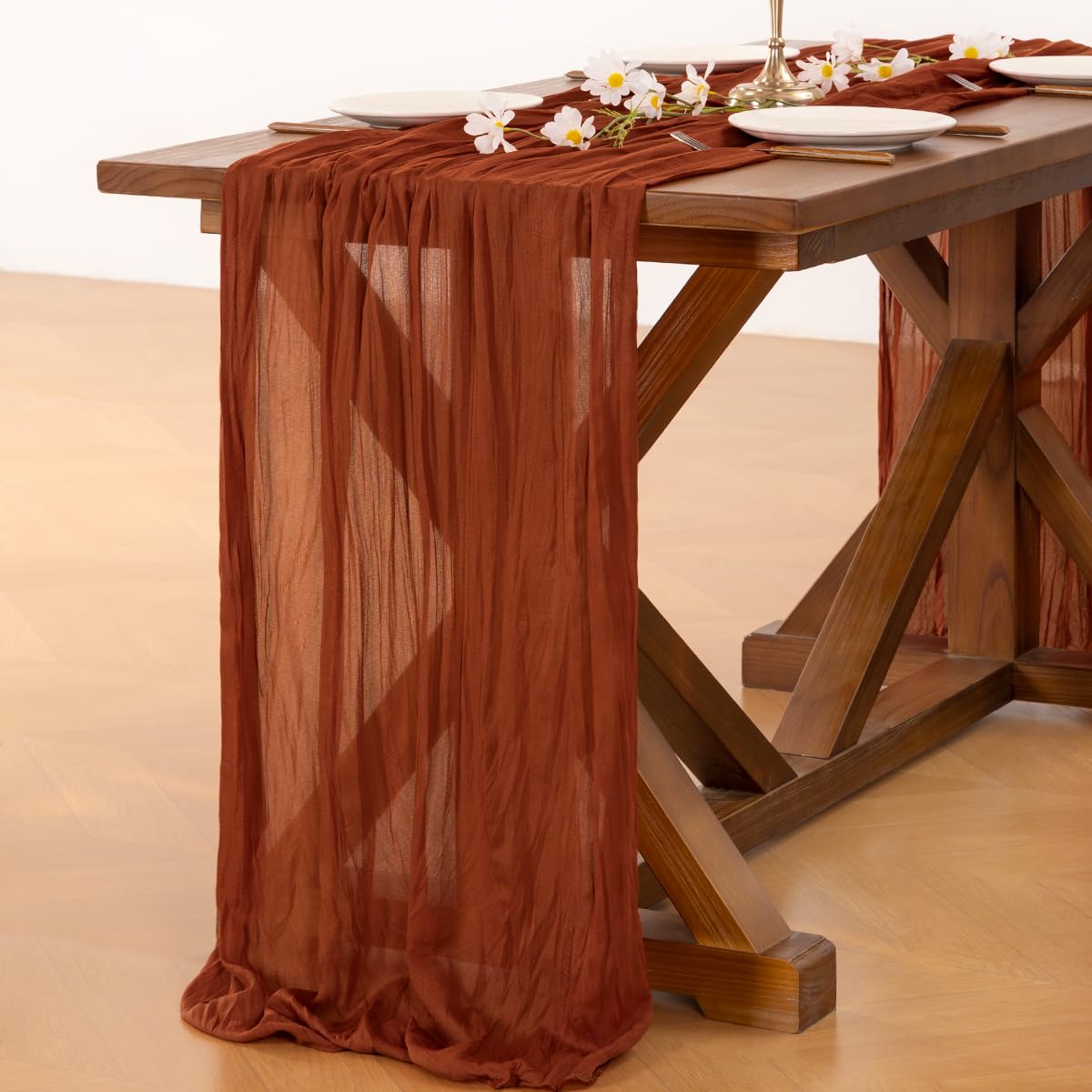 Socomi Fall Table Runner Terracotta Cheesecloth Gauze Burnt Orange Boho Rustic Farmhouse 120 inch 10FT Cheese Cloth Runner for Wedding Party Baby Shower Home Decor Holiday Thanksgiving Decorations